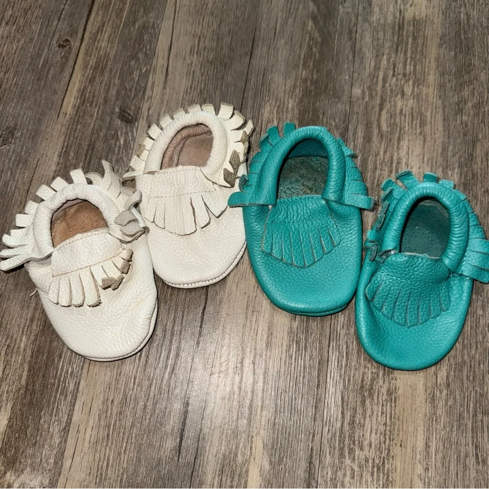 Chic Cream and Teal Kids Moccasins
